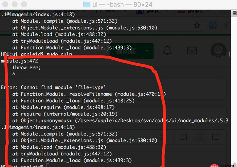 javascript - gulp 安裝完圖片壓縮插件后執(zhí)行g(shù)ulp命令后為何報(bào)Cannot find module ’file-type’？